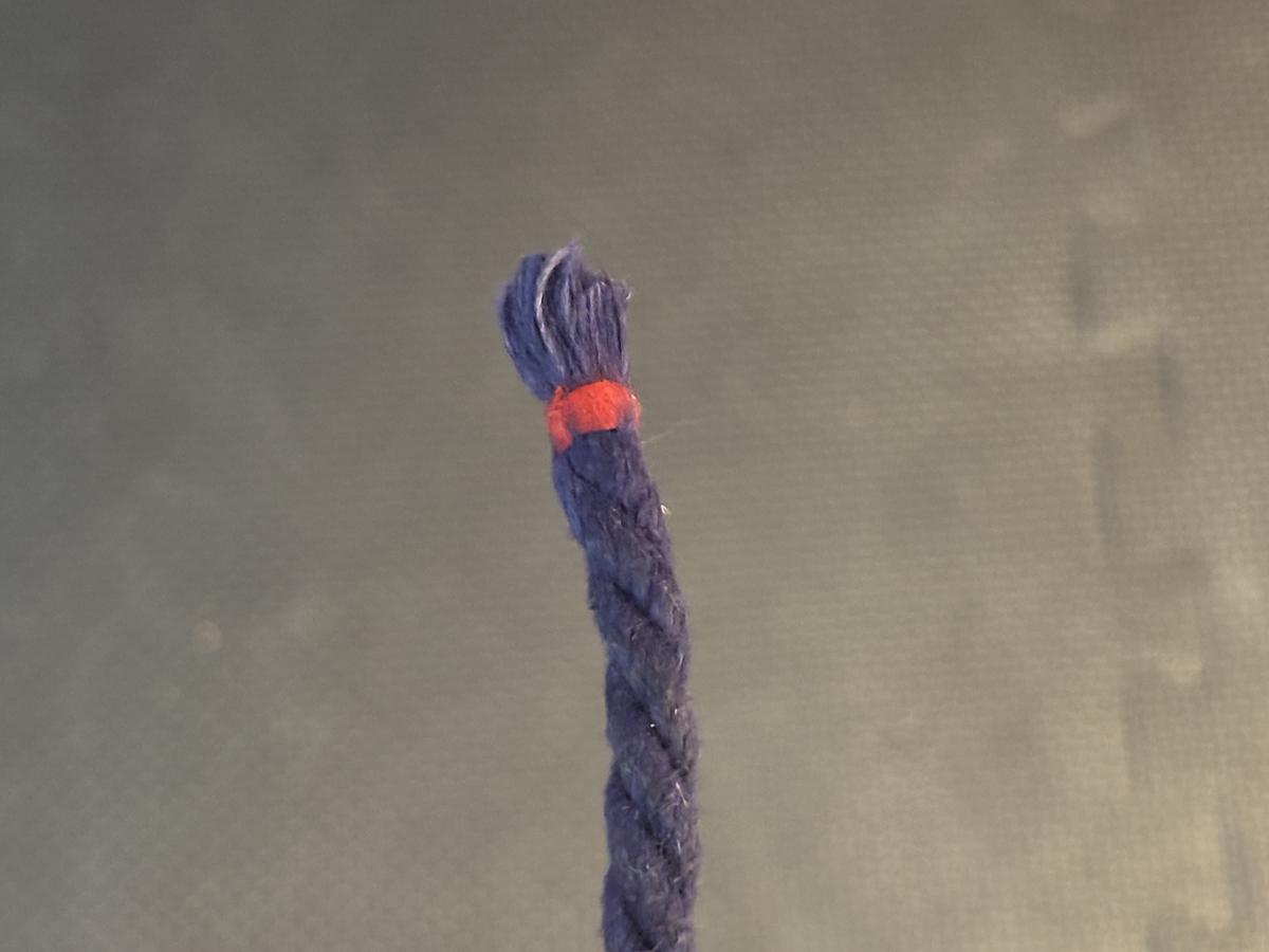 Whipped end showing blue rope with a red whipping